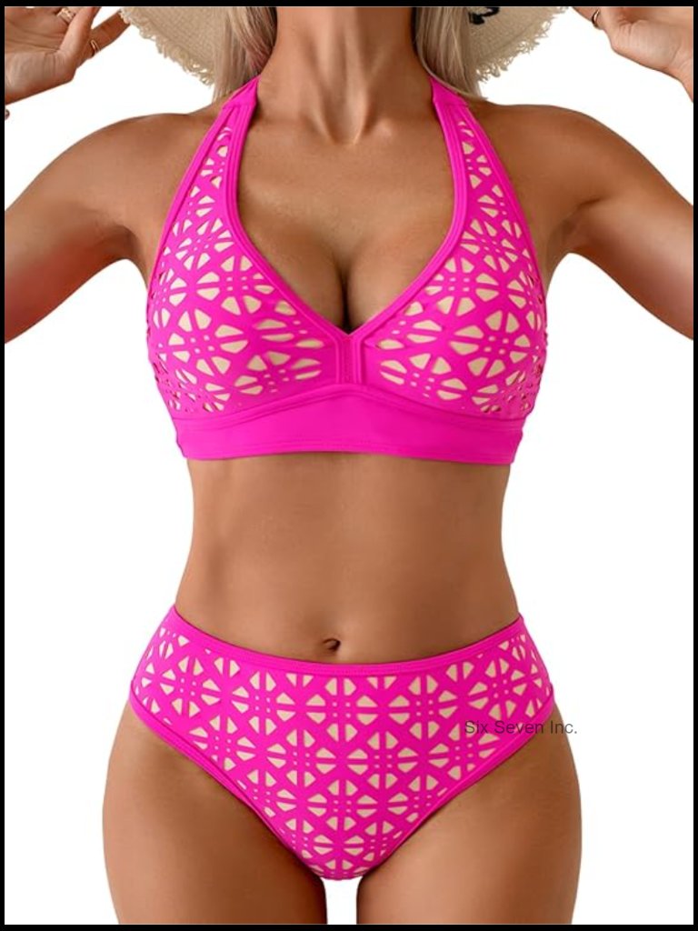 Women's Halter V-Neck Bikini Set With Removable Pads Mid Rise Bottom
